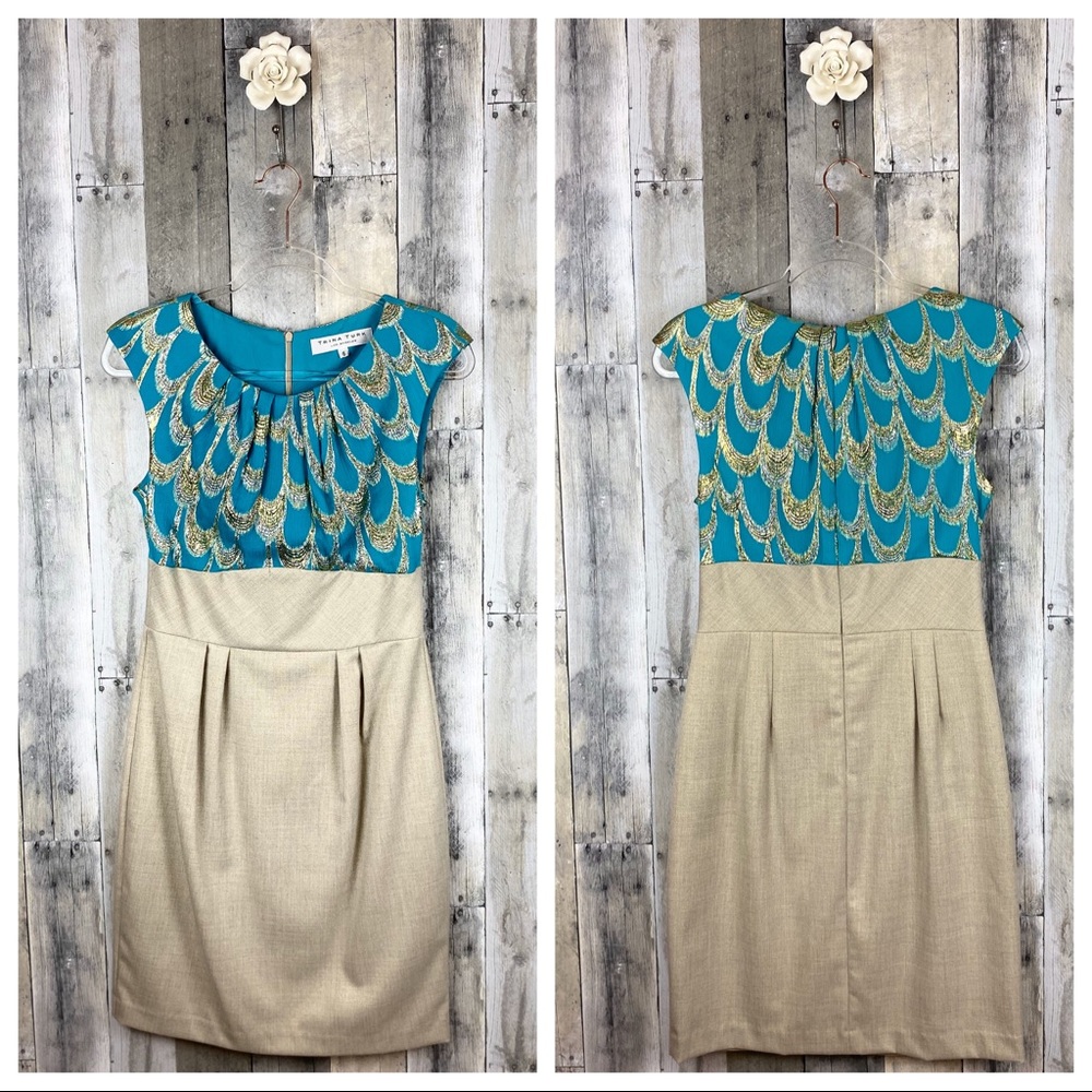 Trina Turk Peacock Metallic Sheath Dress Size 6 - Picture 1 of 8